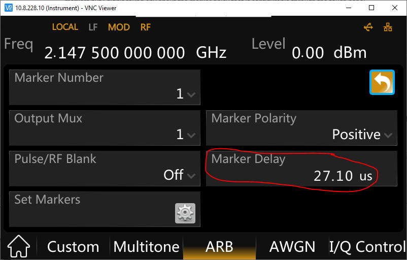 Display image of SIGLENT SSG5000X-V showing marker delay textbox